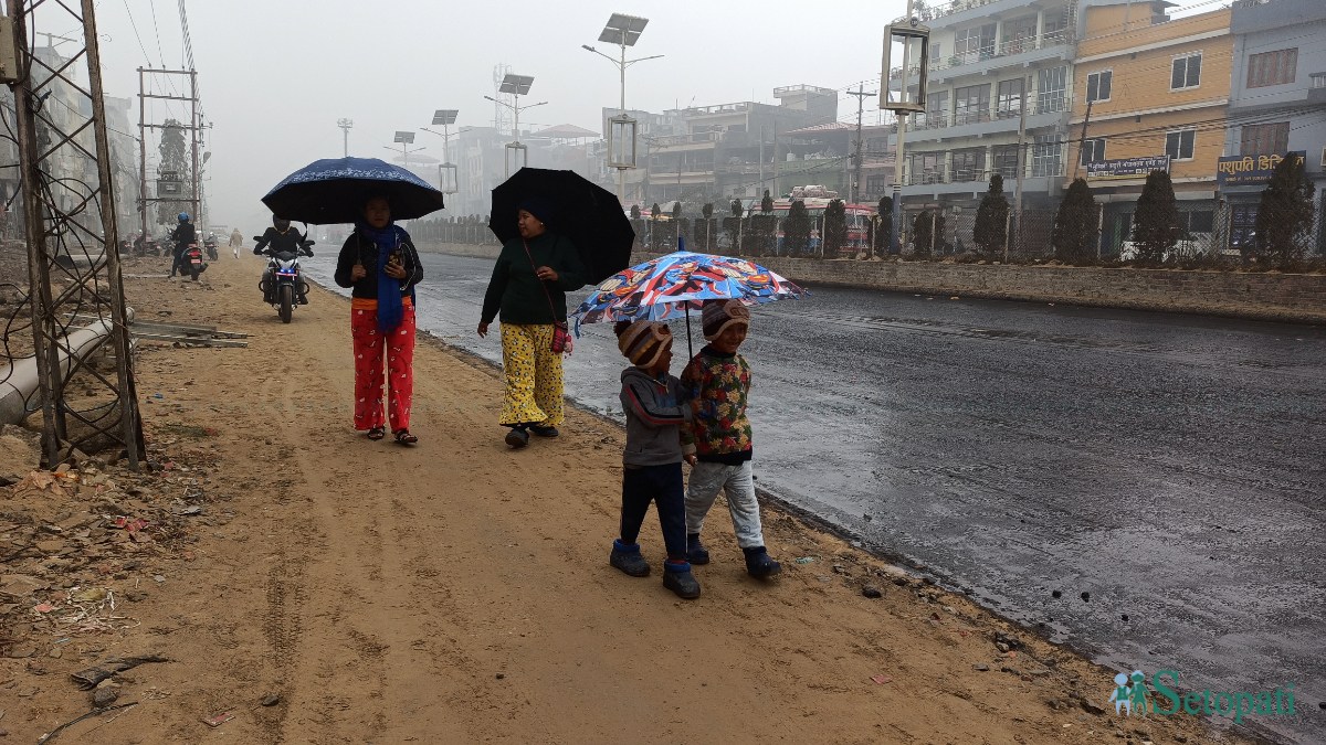 शितलहर चलेपछि छाता ओढेर हिँड्दै सर्वसाधारण। तस्बिरः भगवती पाण्डे/सेतोपाटी